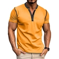 Detail view of contrast Henley collar with three buttons on orange cotton blend t-shirt - Orange