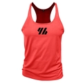 Detailed close-up of bright red men's athletic tank top with black geometric pattern - Red
