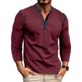 Detail shot of men's burgundy long sleeve Henley shirt with navy contrast stitching and buttons - Burgundy