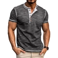 Detail of grey color block Henley t-shirt featuring wooden buttons and contrast collar - S / Gray