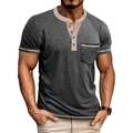 Detailed view of grey Henley shirt with khaki contrast trim on sleeves and pocket - Dark Gray