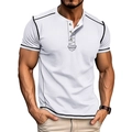 Close-up of white short sleeve Henley shirt with black contrast stitching details - S / White