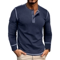 Men's navy long sleeve Henley shirt with contrast stitching and 3-button neckline - Sapphire Blue