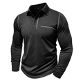 Detail of black long-sleeve polo shirt showing gray contrast stitching on collar and buttons - Black