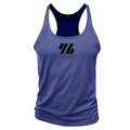 Detail of purple training vest showing the neckline, size label XL, and chest logo print - Blue
