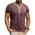 Detail of wine red Henley shirt with contrast gray collar, chest pocket and wood buttons - Dark Red