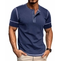 Detail of dark blue Henley shirt featuring white contrast stitching on neckline and sleeves - S / Sapphire Blue