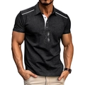 Close-up of contrast stitching and button placket on men's slim fit polo shirt - Black