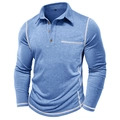 Détail d'un polo bleu à manches longues avec surpiqûres contrastées et boutons bois - S / Bleu clair
