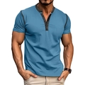 Close-up of contrast Henley collar and button placket on men's blue cotton T-shirt - Blue