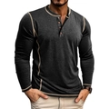 Detail view of charcoal gray Henley shirt showing contrast stitching and four-button neckline - Black