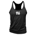 Detail of men's black stringer tank top showing racerback cut and white graphic logo - Black