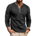 Close-up of charcoal men's long sleeve Henley shirt with contrast grey collar - Black