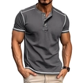 Detail of dark grey slim fit Henley shirt with contrast stitching and button neckline - S / Dark Gray