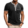 Detail of short sleeve Henley shirt with contrast trim and four wooden buttons on chest - Black