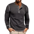 Men's charcoal grey long sleeve Henley shirt with contrast white stitching details - Dark Gray