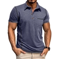 Detail eines graublauen Polo-Shirts mit Brusttasche und schwarzen Kontrastnähten - S / Dunkelblau