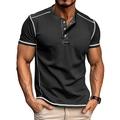 Close-up of black men's Henley shirt with white contrast stitching and three button detail - Black