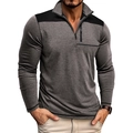 Detail of grey men's quarter-zip pullover with black contrast panels and stand collar - Dark Gray