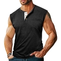 Dettaglio del gilet henley grigio scuro da uomo con tre bottoni e taschino sul petto - Nero