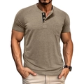 Detail of khaki slim fit Henley t-shirt featuring three buttons and a black contrast placket - M / Khaki