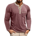Detail of dark red henley shirt featuring grey contrast stitching and four wood buttons - Dark Red