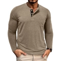 Heren slim fit longsleeve henley shirt met borstzak in getextureerd taupe grijs breisel - M / Khaki