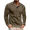 Men's heavy long sleeve Henley shirt in olive green with contrast stitching details - S / Army Green