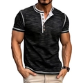 Detail of grey Henley shirt with four wooden buttons and white contrast stitching - Black