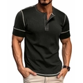 Detail of white contrast stitching and button closure on black muscle fit Henley shirt - S / Black