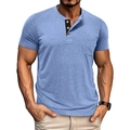 Detail of light blue Henley shirt showing three-button placket and front chest pocket - M / Light Blue