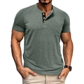 Men's olive green short sleeve Henley shirt with contrast trim and buttoned placket - M / Green