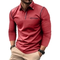 Close-up of brick red long sleeve polo shirt with navy contrast piping and collar detail - Burgundy