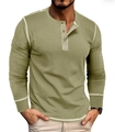 Herren Langarm-Henley-Shirt in Olivgrün mit Kontrastnähten und Knopfleiste am Kragen - S / Grün