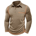 Détail du polo homme marron à manches longues avec coutures contrastées orange et poche - S / Kaki