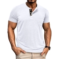 Close-up of three-button Henley collar with black inner placket on white slim fit T-shirt - M / White
