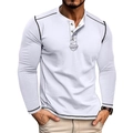 Detail view of white Henley shirt featuring grey contrast stitching and three-button placket - S / White