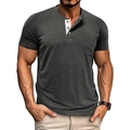 Detail of grey men's Henley shirt featuring contrast button placket and chest pocket - Dark Gray