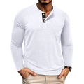 Detail of white men's Henley shirt with black contrast placket and wood buttons - White