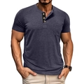 Detail of men's Henley shirt featuring contrast placket, three buttons, and chest pocket - Navy Blue