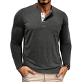 Detail of dark grey Henley shirt featuring a contrast three-button placket and chest pocket - Dark Gray