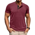 Detail of burgundy Henley shirt with three buttons, black contrast placket and chest pocket - Burgundy