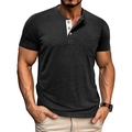Detail of grey short sleeve Henley shirt with white contrast placket and chest pocket - Black