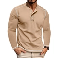 Detail of khaki Henley shirt showing contrast white stitching and three-button neckline - S / Khaki