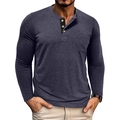 Detail of dark grey knit Henley shirt featuring a three-button placket and chest pocket - Navy Blue