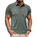 Close-up of men's short sleeve polo shirt featuring a contrast brown collar and chest pocket - Green