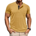 Close-up of mustard yellow men's Henley shirt with contrast black three-button collar - Yellow