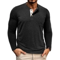 Close-up of men's charcoal grey Henley shirt with 3-button placket and chest pocket - Black