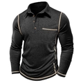 Detail of charcoal grey long sleeve polo shirt with beige contrast stitching and wood buttons - Black