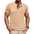 Detail of khaki men's Henley shirt featuring three-button placket and chest pocket - Apricot